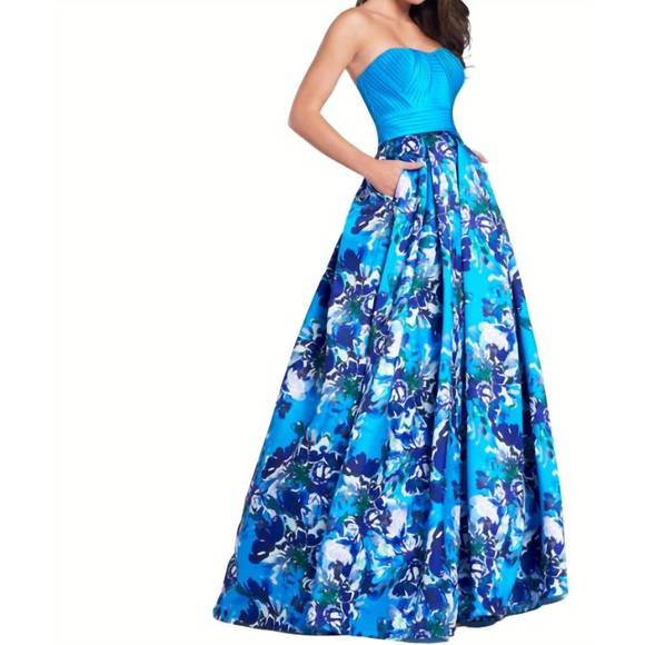 NEW ELLIE WILDE strapless floral ballgown in turquoise/floral